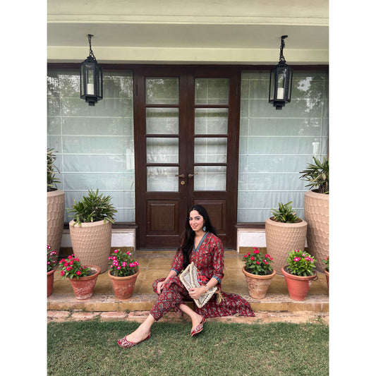 Ajrakh Hand Block Printed V-neck collared Handloom Red-Kurti SetThe VasilikiAjrakhKurta Setnike