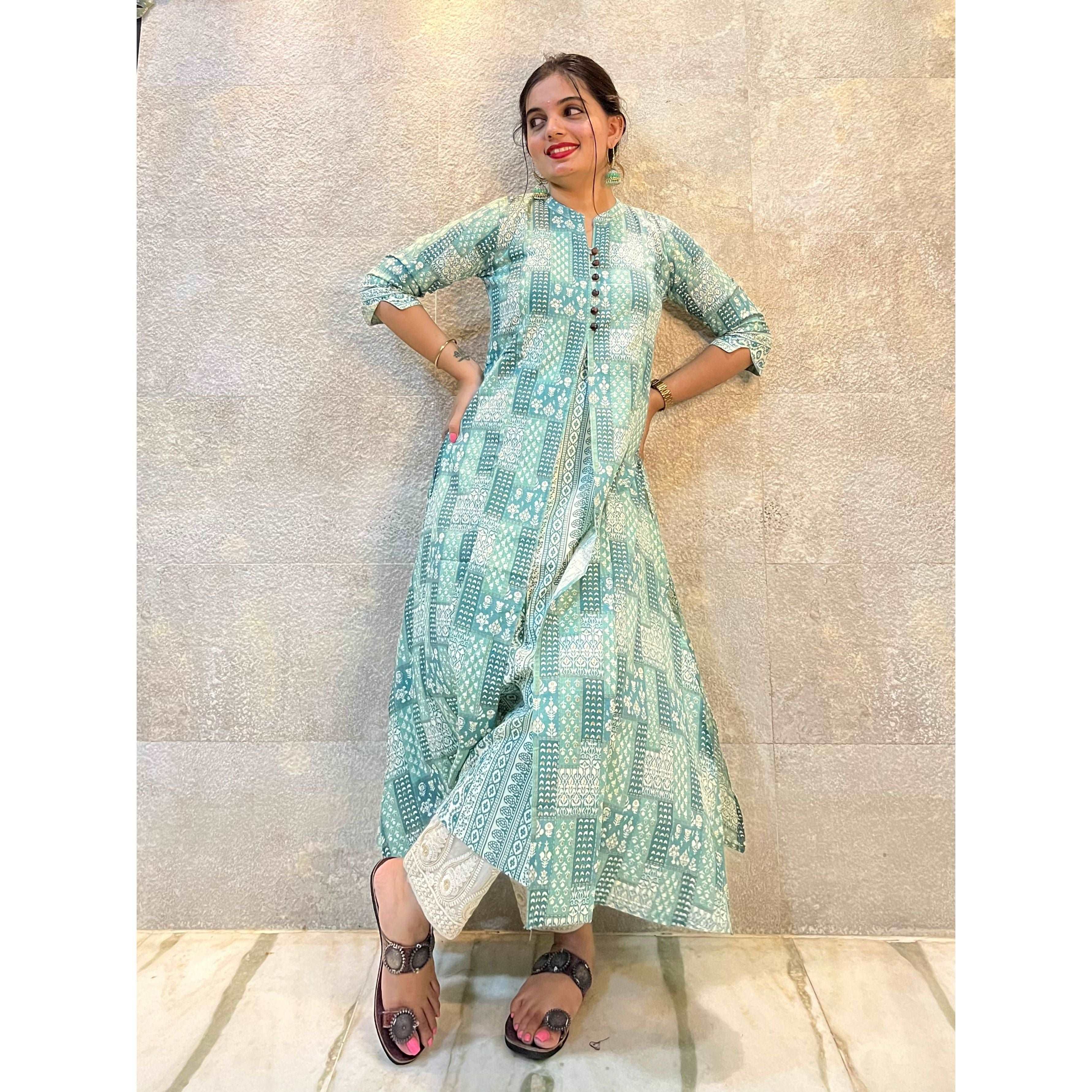 Blue With White Details Printed Cotton Kurti