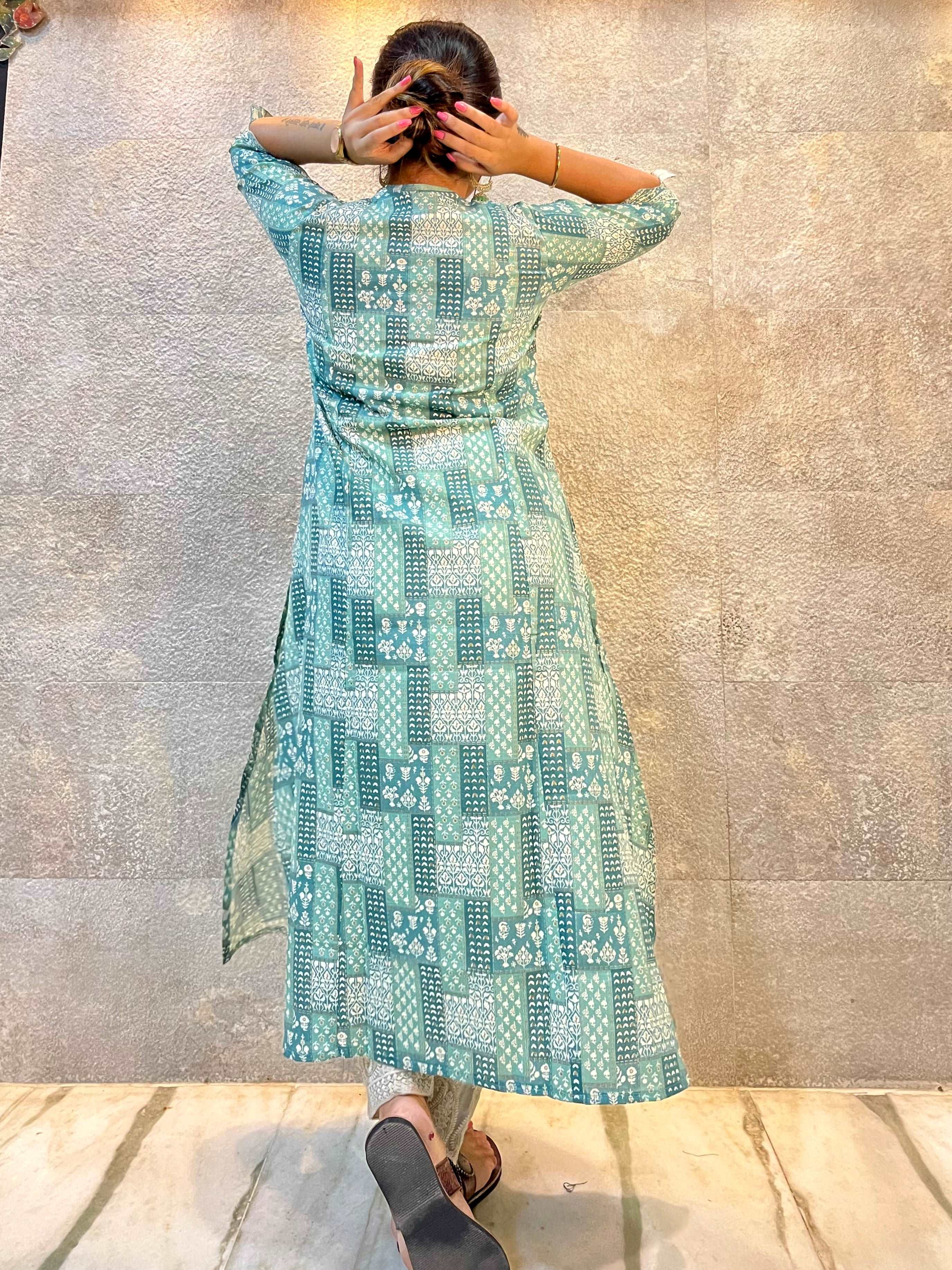 Blue With White Details Printed Cotton Kurti