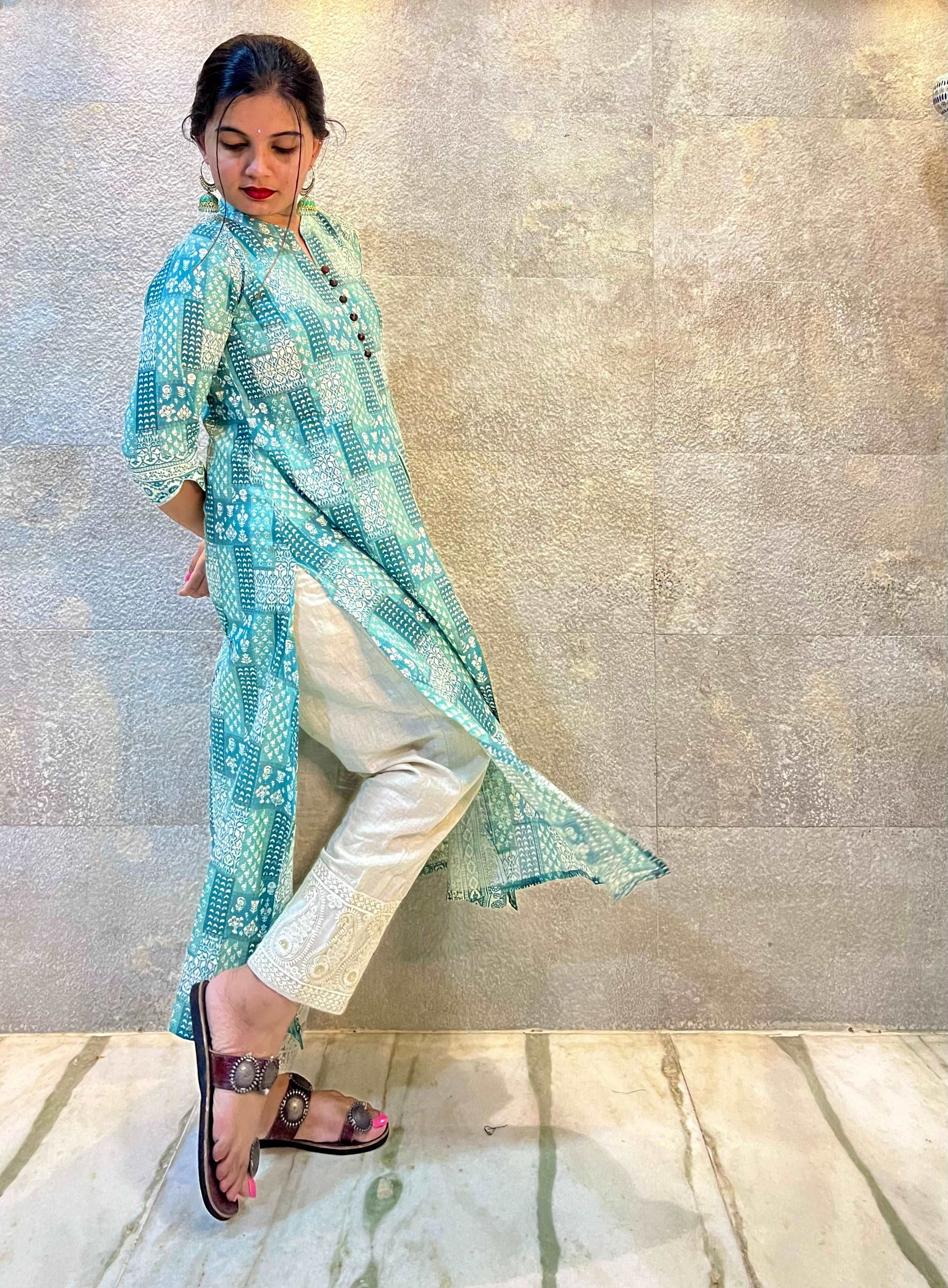 Blue With White Details Printed Cotton Kurti