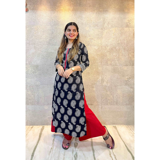 Black and White Paisley with Red Details Cotton Kurti