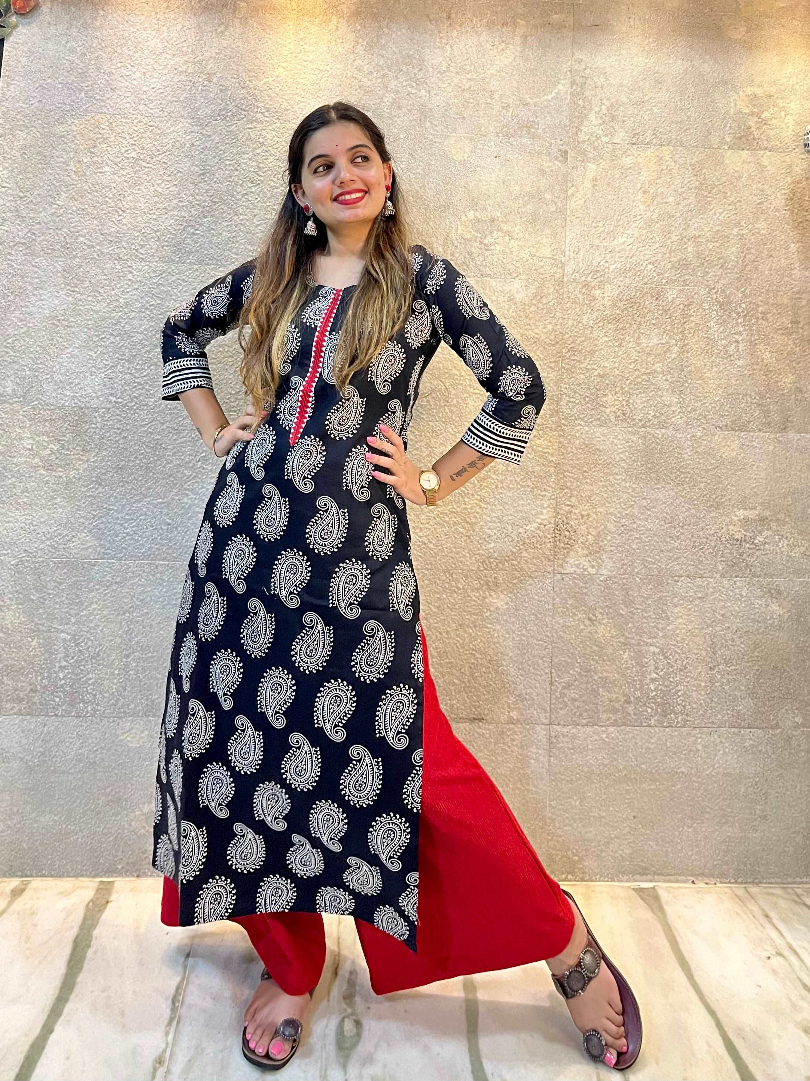 Black and White Paisley with Red Details Cotton Kurti