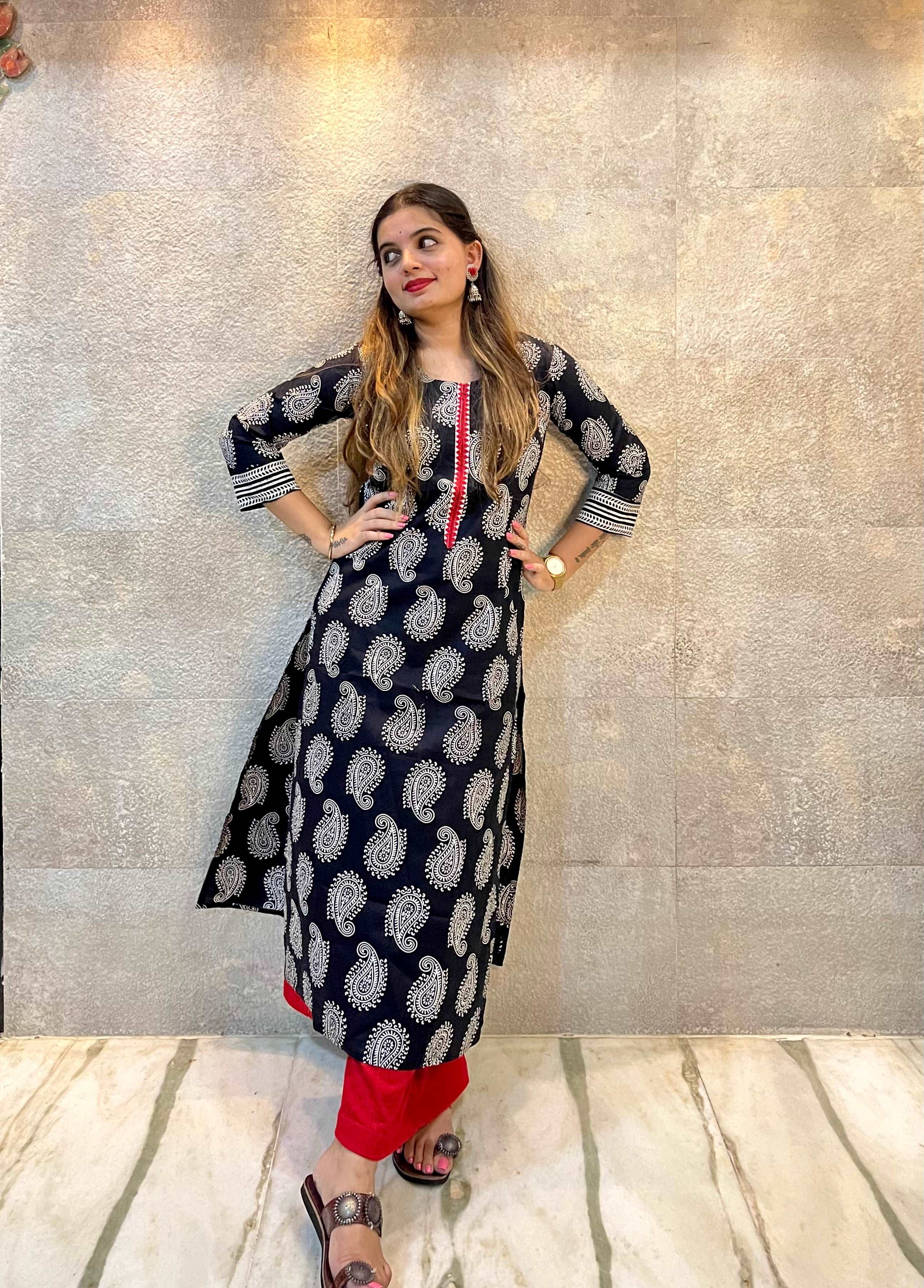 Black and White Paisley with Red Details Cotton Kurti