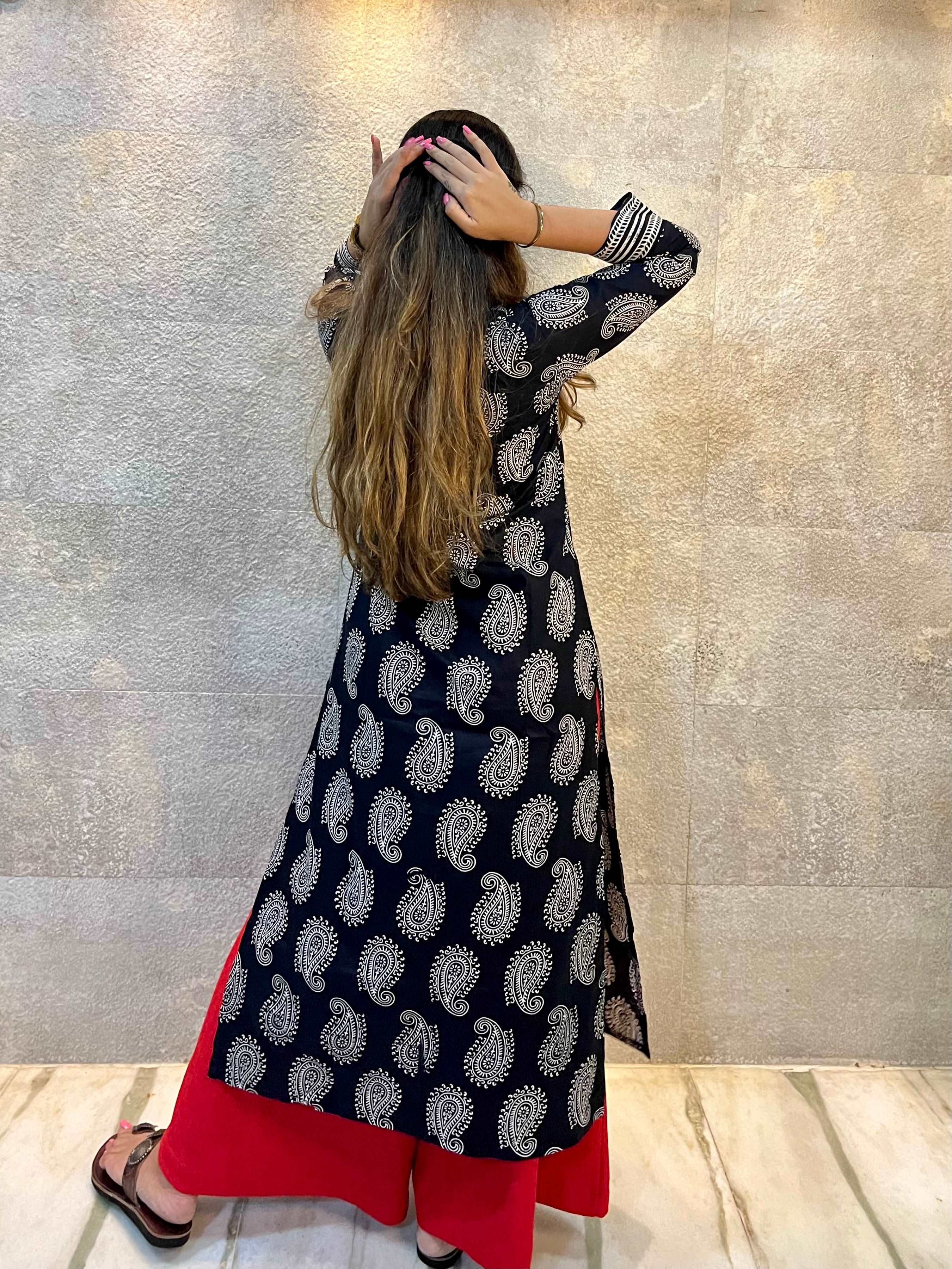 Black and White Paisley with Red Details Cotton Kurti