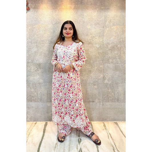 White Mulmul Cotton Chikankari Set With Pink Florals