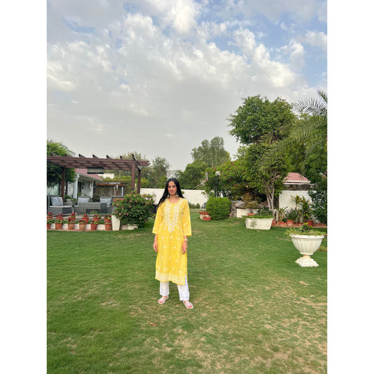 Yellow Cotton Chikankari Kurta