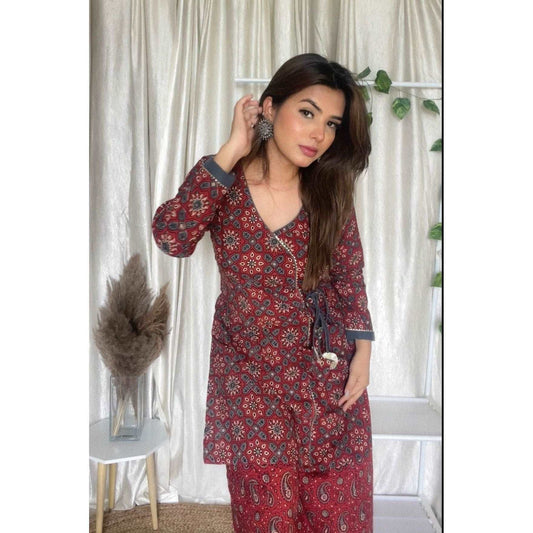 Cotton Ajrakh Hand-Block Printed Red Handloom Kurti Set
