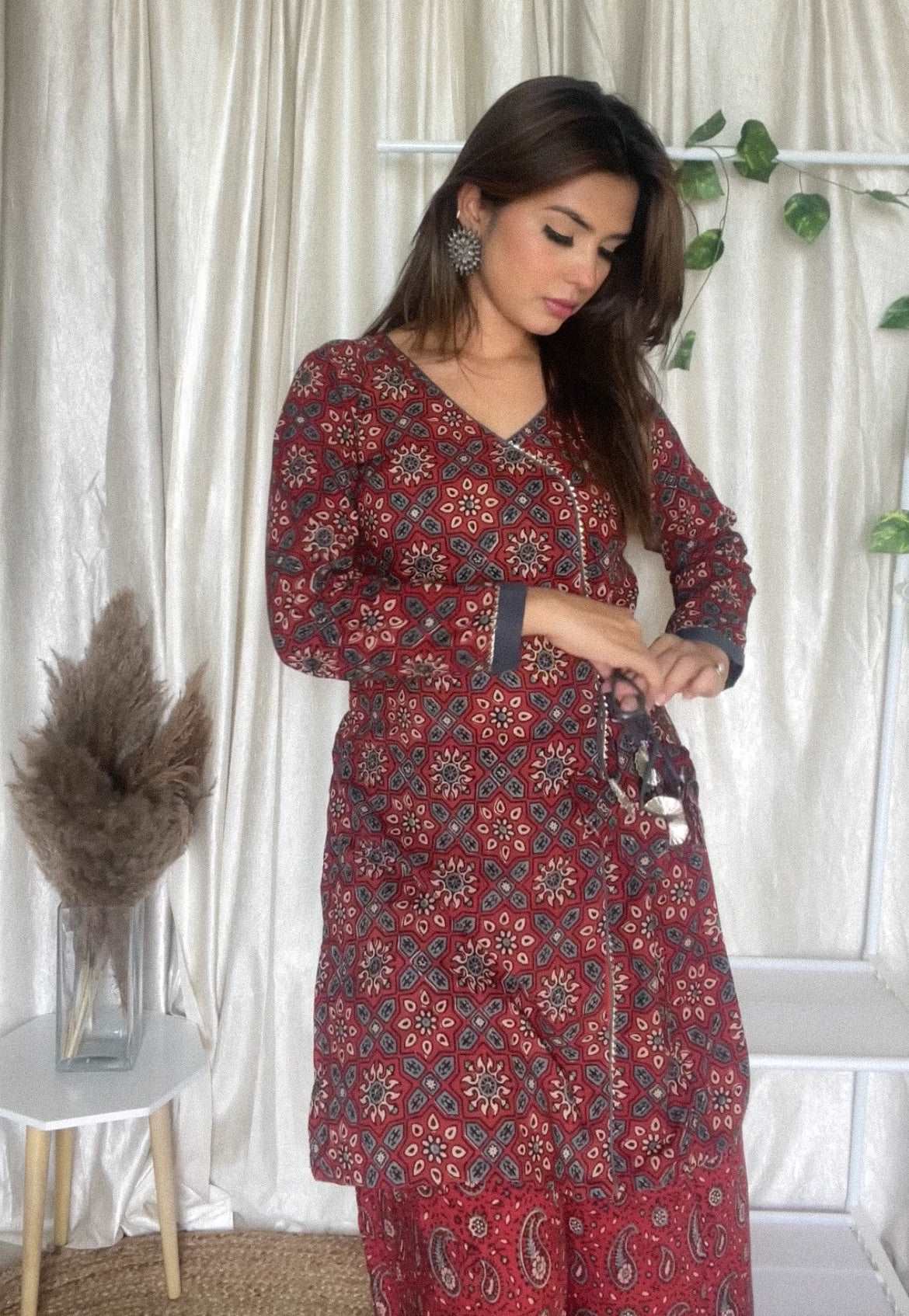 Cotton Ajrakh Hand-Block Printed Red Handloom Kurti Set