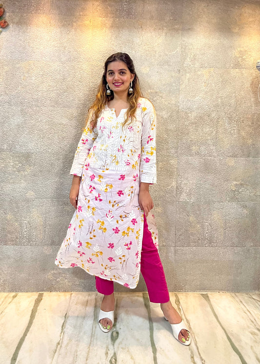 White Mulmul Cotton Chikankari Kurti with Pink Florals