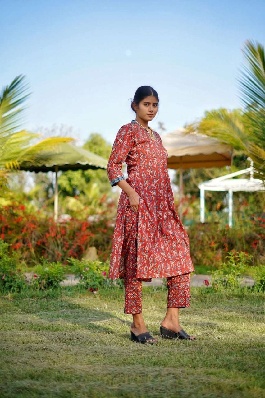 Ajrakh Hand Block Printed V-neck collared Handloom Red-Kurti SetThe VasilikiAjrakhKurta Setnike