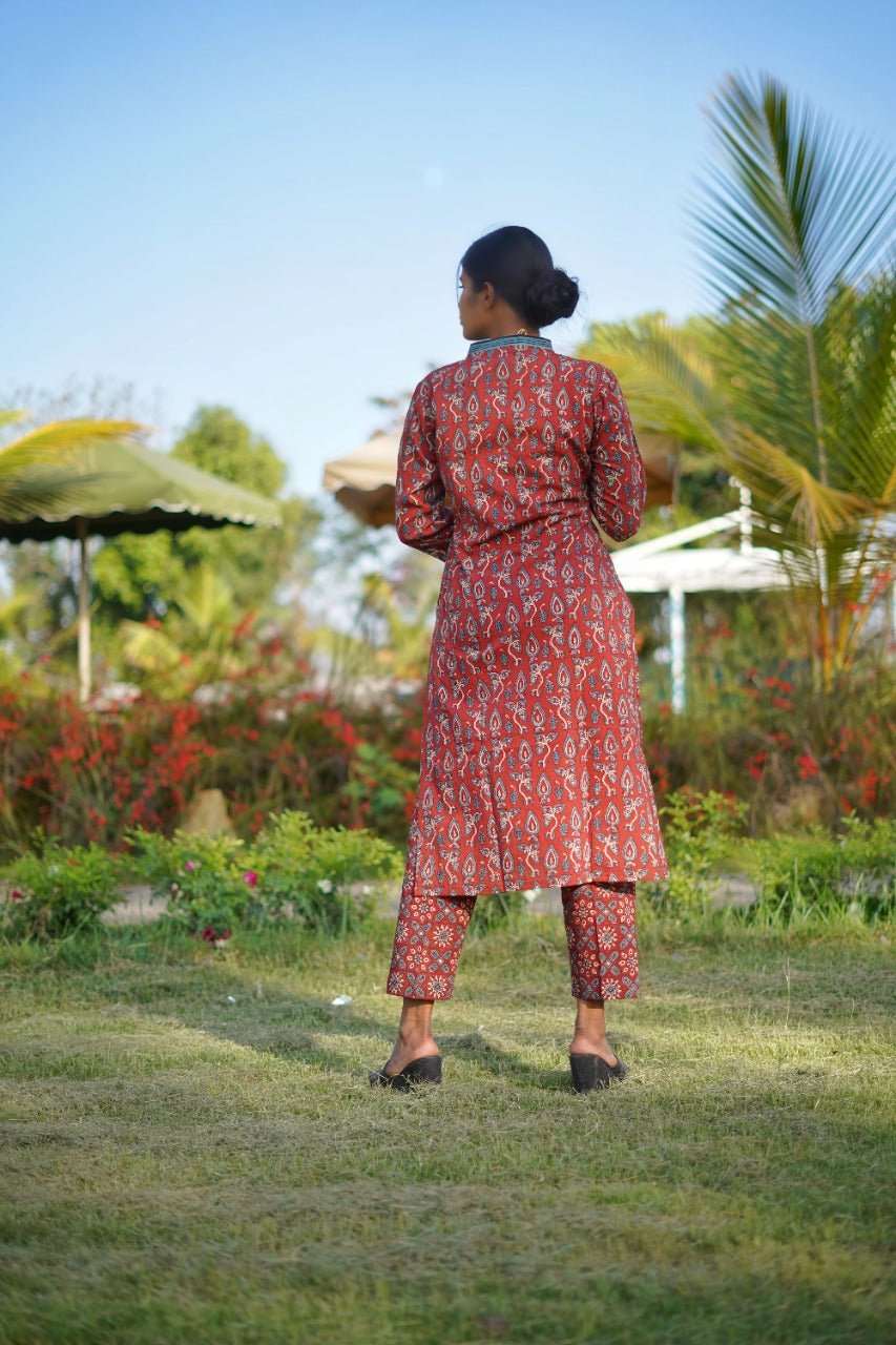 Ajrakh Hand Block Printed V-neck collared Handloom Red-Kurti SetThe VasilikiAjrakhKurta Setnike