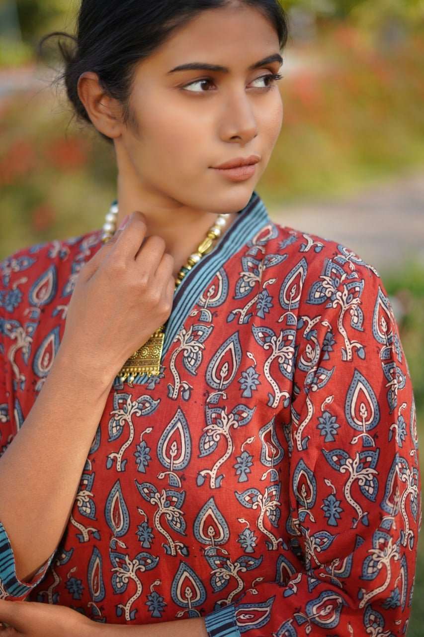 Ajrakh Hand Block Printed V-neck collared Handloom Red-Kurti SetThe VasilikiAjrakhKurta Setnike