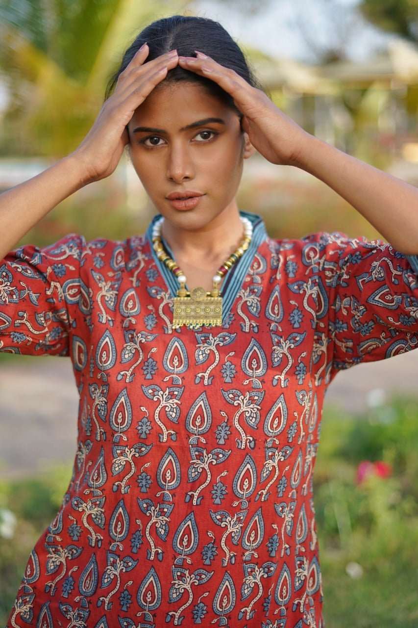 Ajrakh Hand Block Printed V-neck collared Handloom Red-Kurti SetThe VasilikiAjrakhKurta Setnike