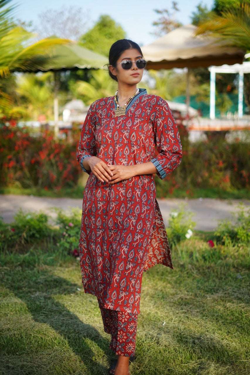 Ajrakh Hand Block Printed V-neck collared Handloom Red-Kurti SetThe VasilikiAjrakhKurta Setnike