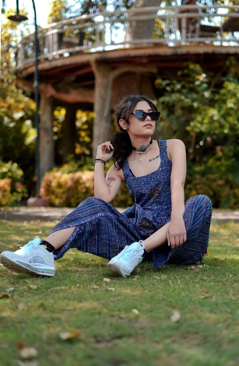 Ajrakh Hand Block-Printed baby-blue Handloom Top and Dhoti Pant SetThe VasilikiAjrakhKurta Setnike