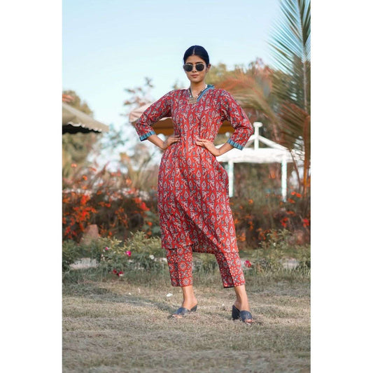 Ajrakh Hand Block-Printed Flower Patterned Red Cigarette PantThe VasilikiAjrakhnikepant