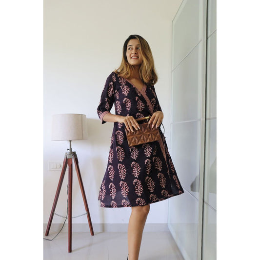 BLACK COTTON WRAP DRESS BAGH HAND-BLOCK PRINT