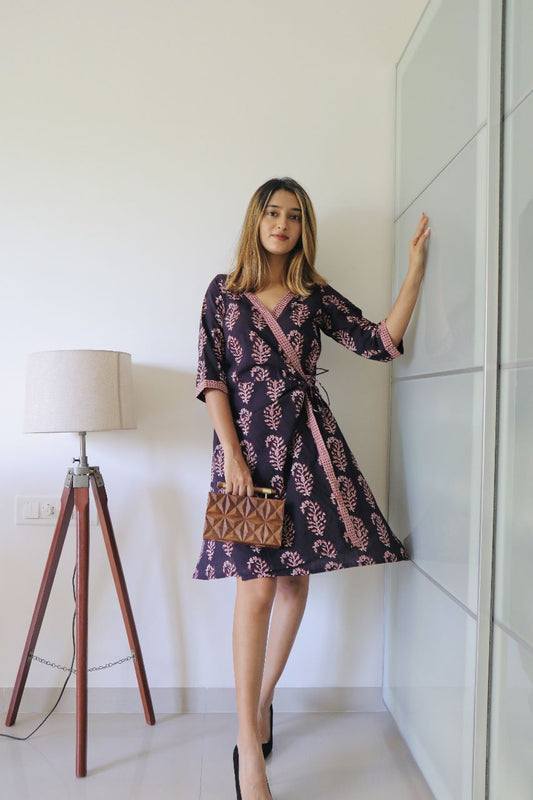 BLACK COTTON WRAP DRESS BAGH HAND-BLOCK PRINT