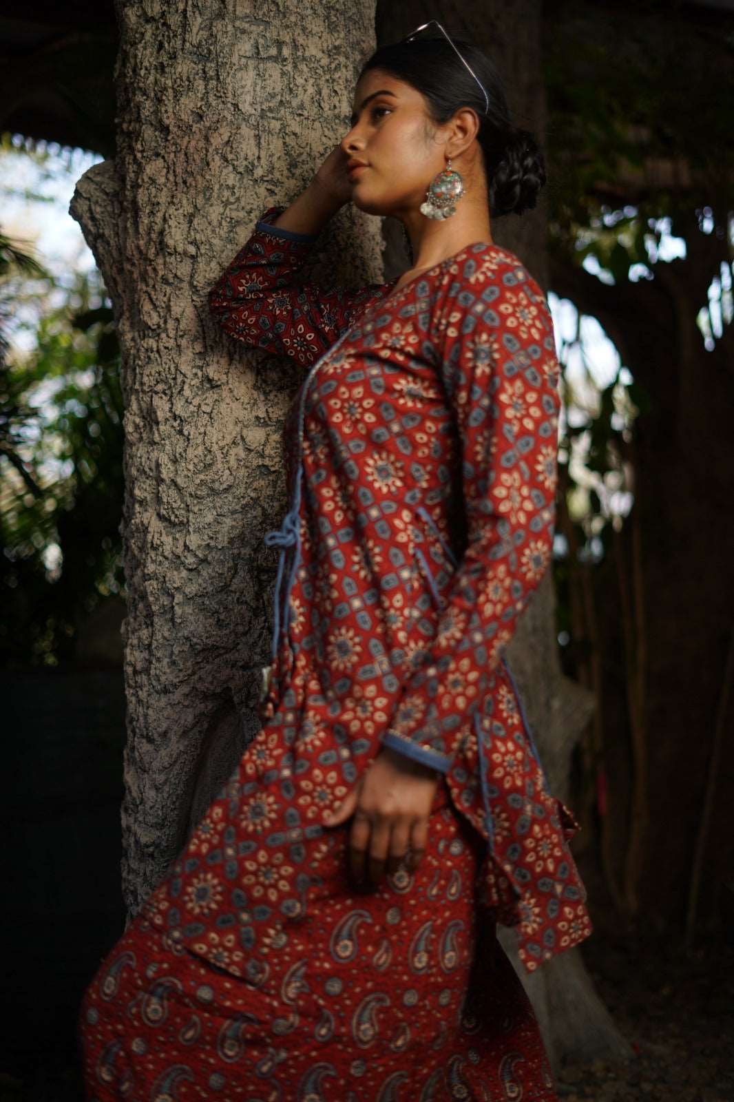 Angrakha style cotton Ajrakh Hand-Block Printed Red Handloom Kurti