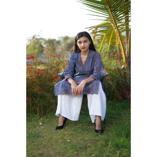 Sky-blue Block-printed Ajrakh Kurti