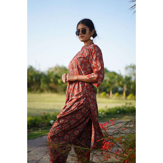 Cotton Red Kurti with Ajrakh Hand-Block Print