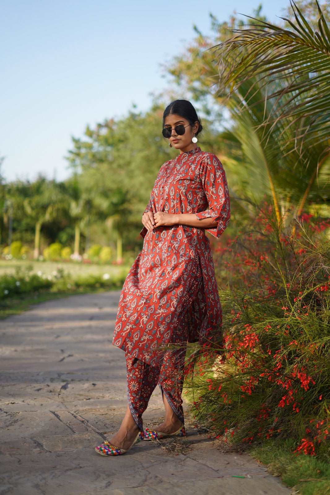 Cotton Red Kurti with Ajrakh Hand-Block Print
