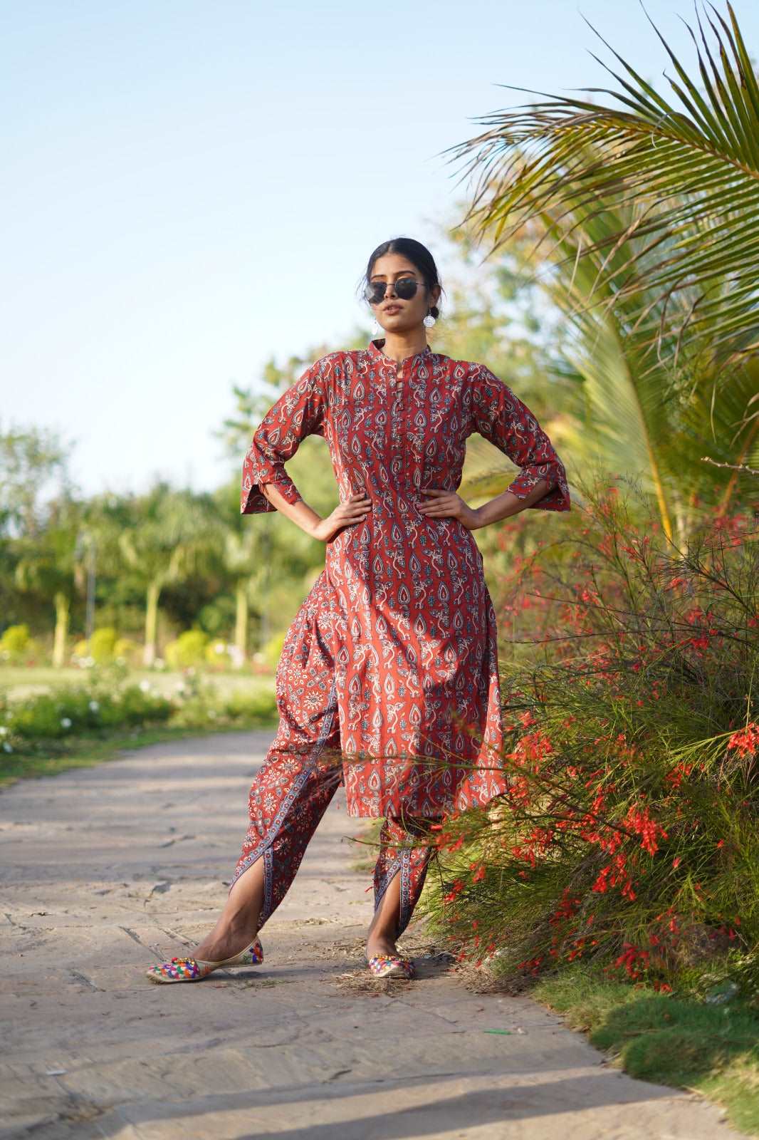 Cotton Red Kurti with Ajrakh Hand-Block Print