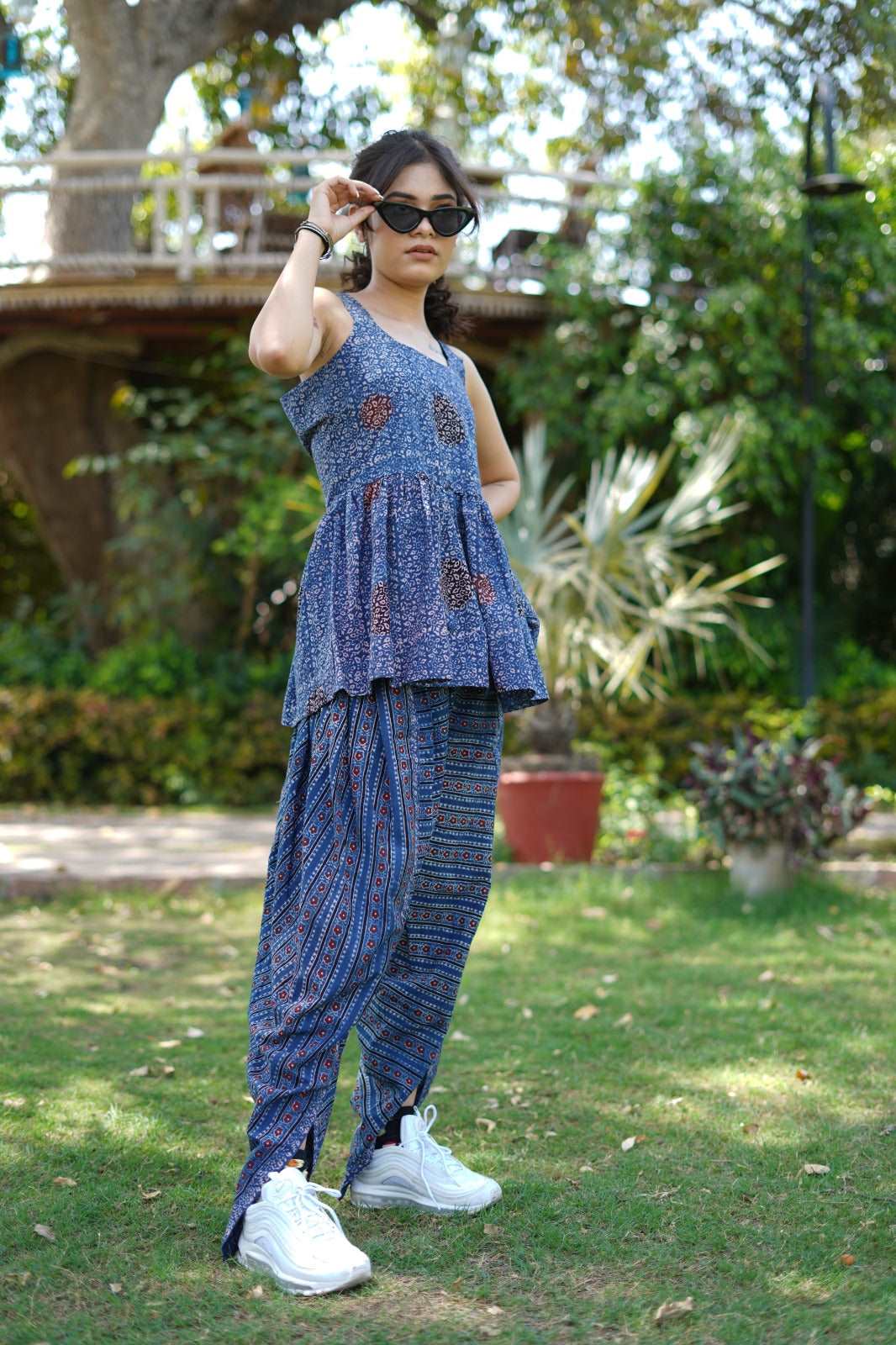 Ajrakh Hand Block-Printed baby-blue Cotton Handloom Top