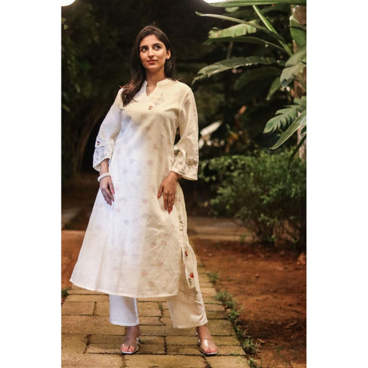 Cream Embroidered Cotton Suit Set
