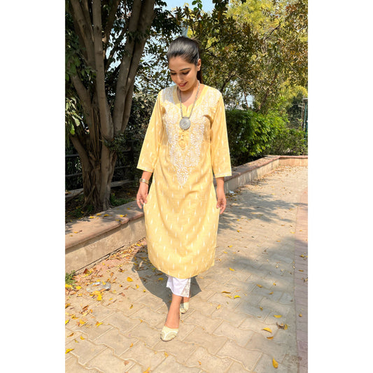 Yellow Cotton Chikankari Kurti