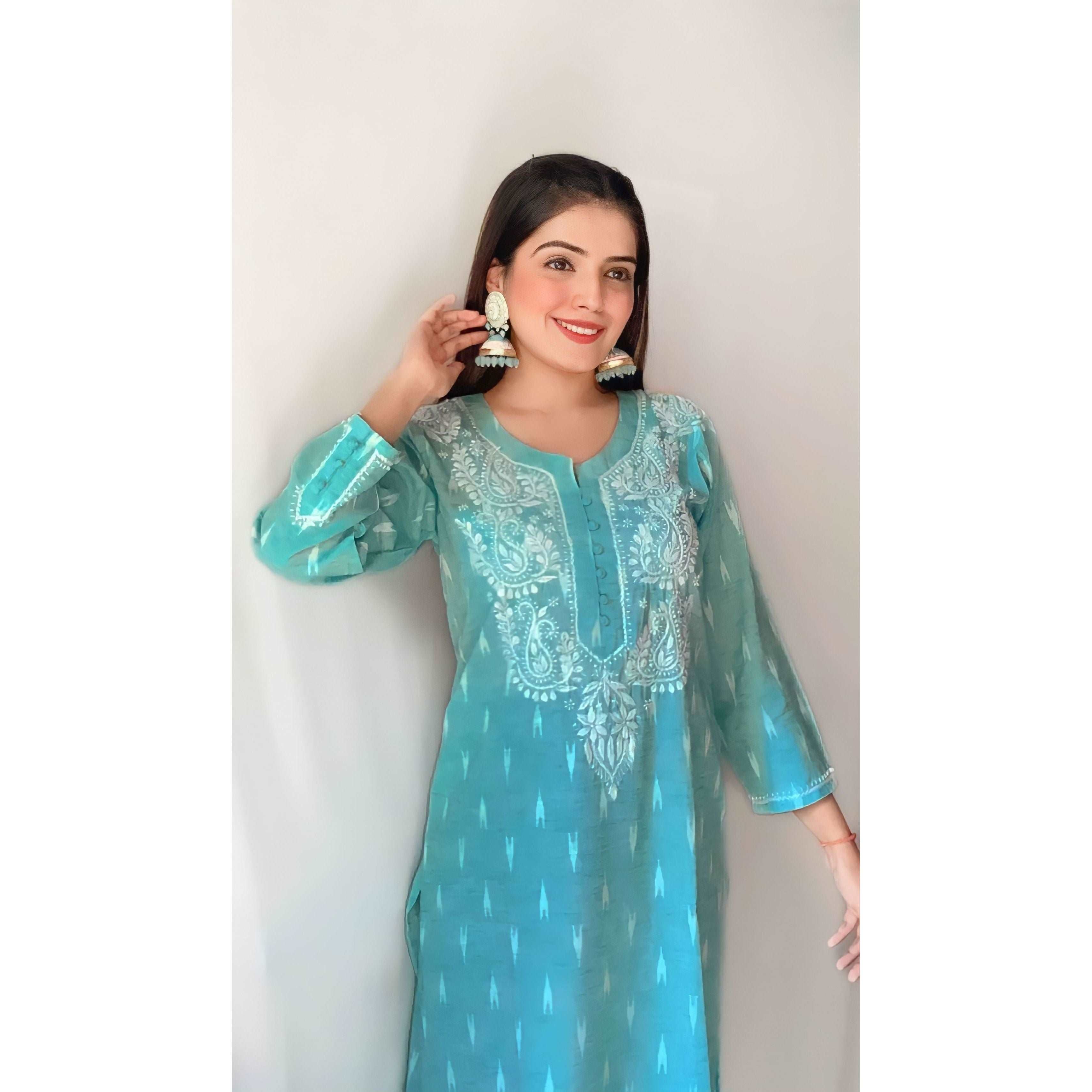 Aqua Blue Cotton Chikankari Kurti