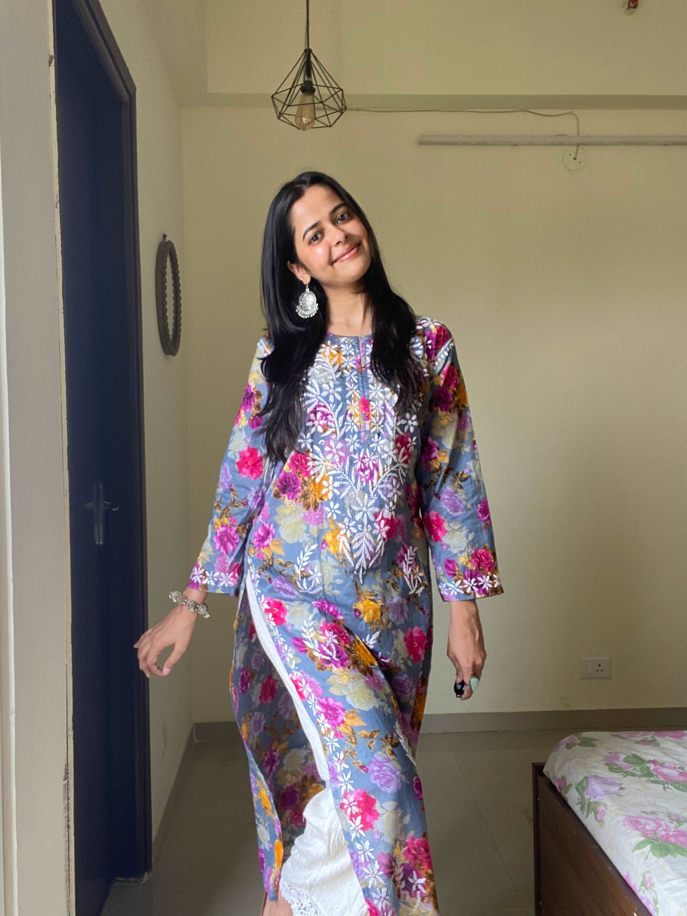 Flowery Purple Cotton Kurti with White Chikankari Embroidery