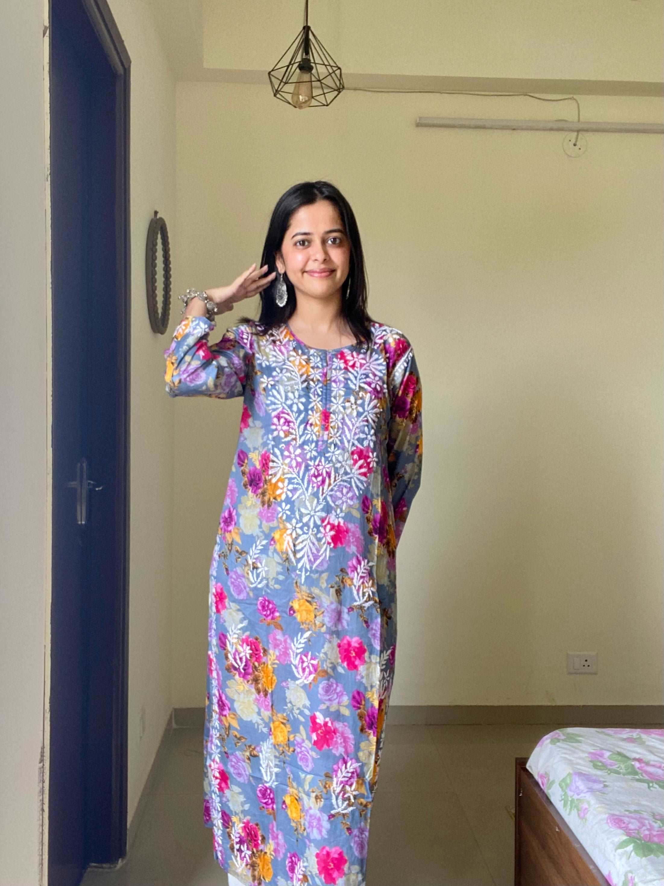 Flowery Purple Cotton Kurti with White Chikankari Embroidery