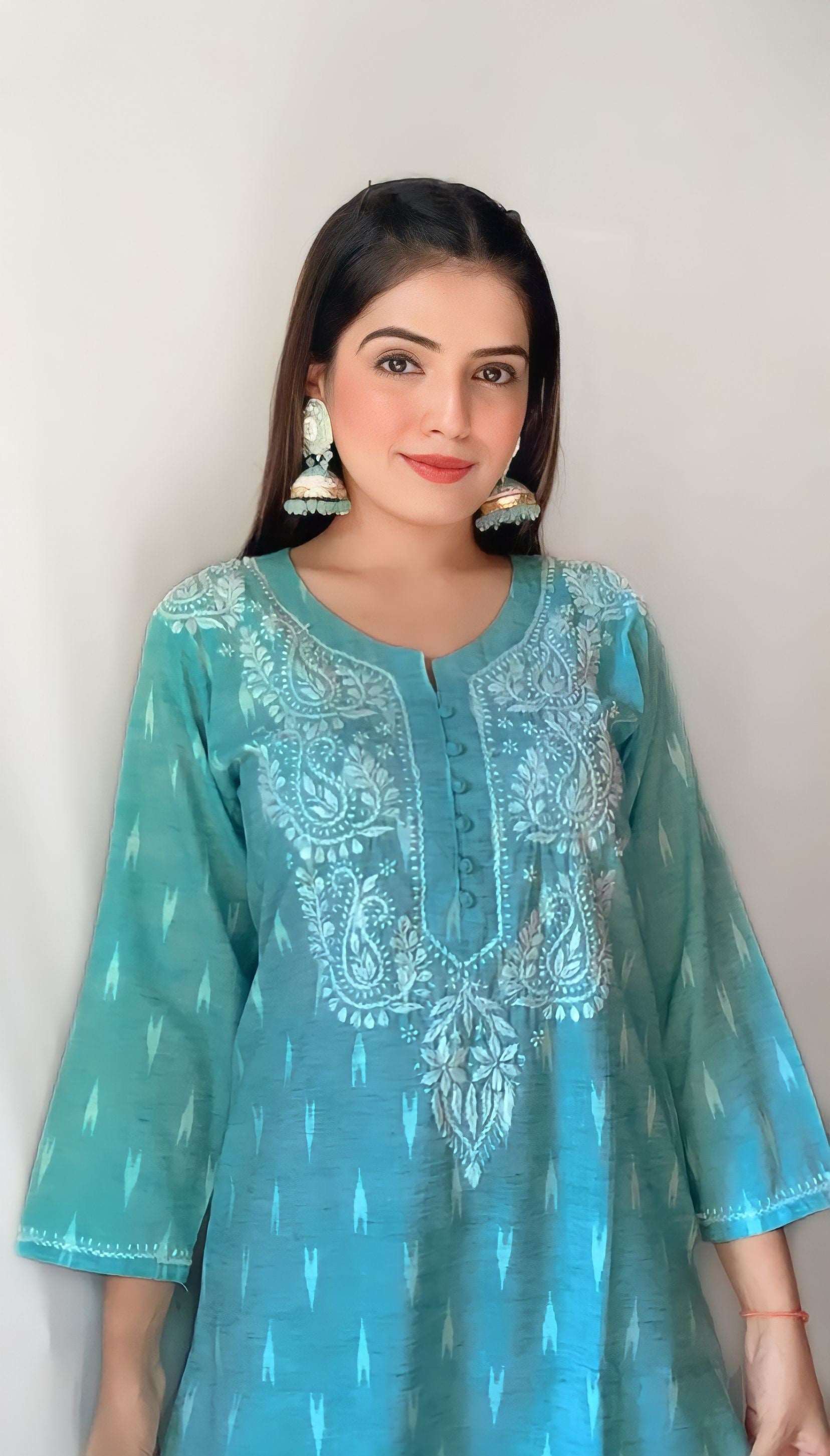 Aqua Blue Cotton Chikankari Kurti