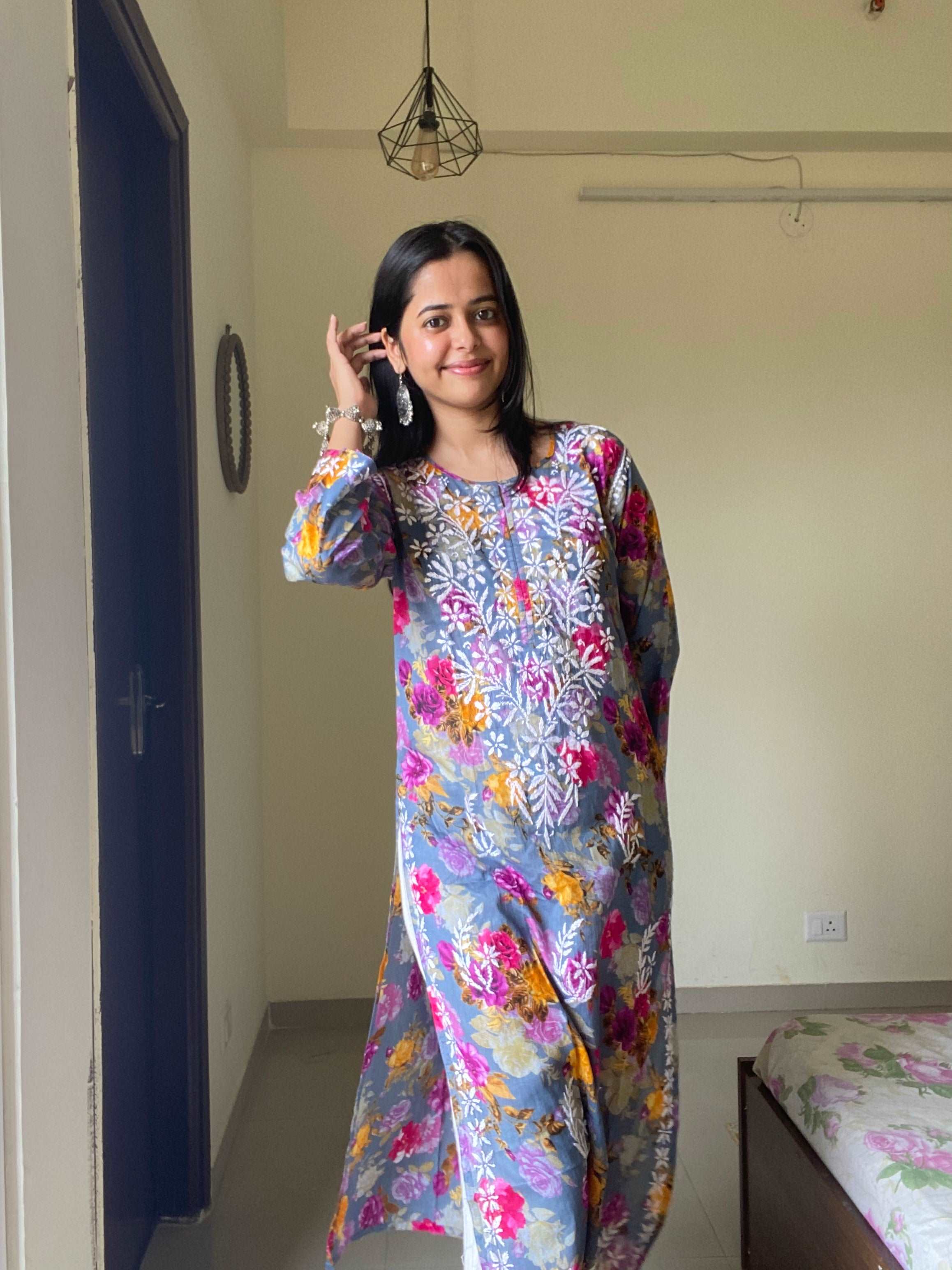Flowery Purple Cotton Kurti with White Chikankari Embroidery
