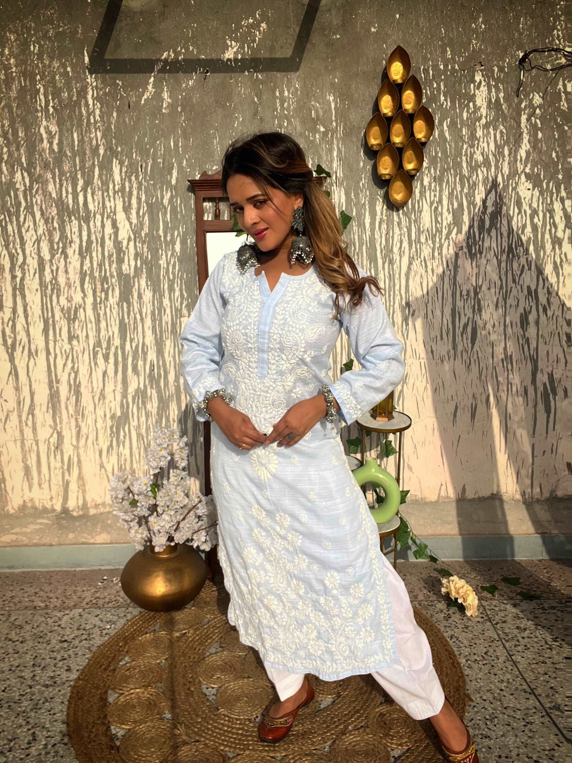 Blue Cotton Chikankari Kurti