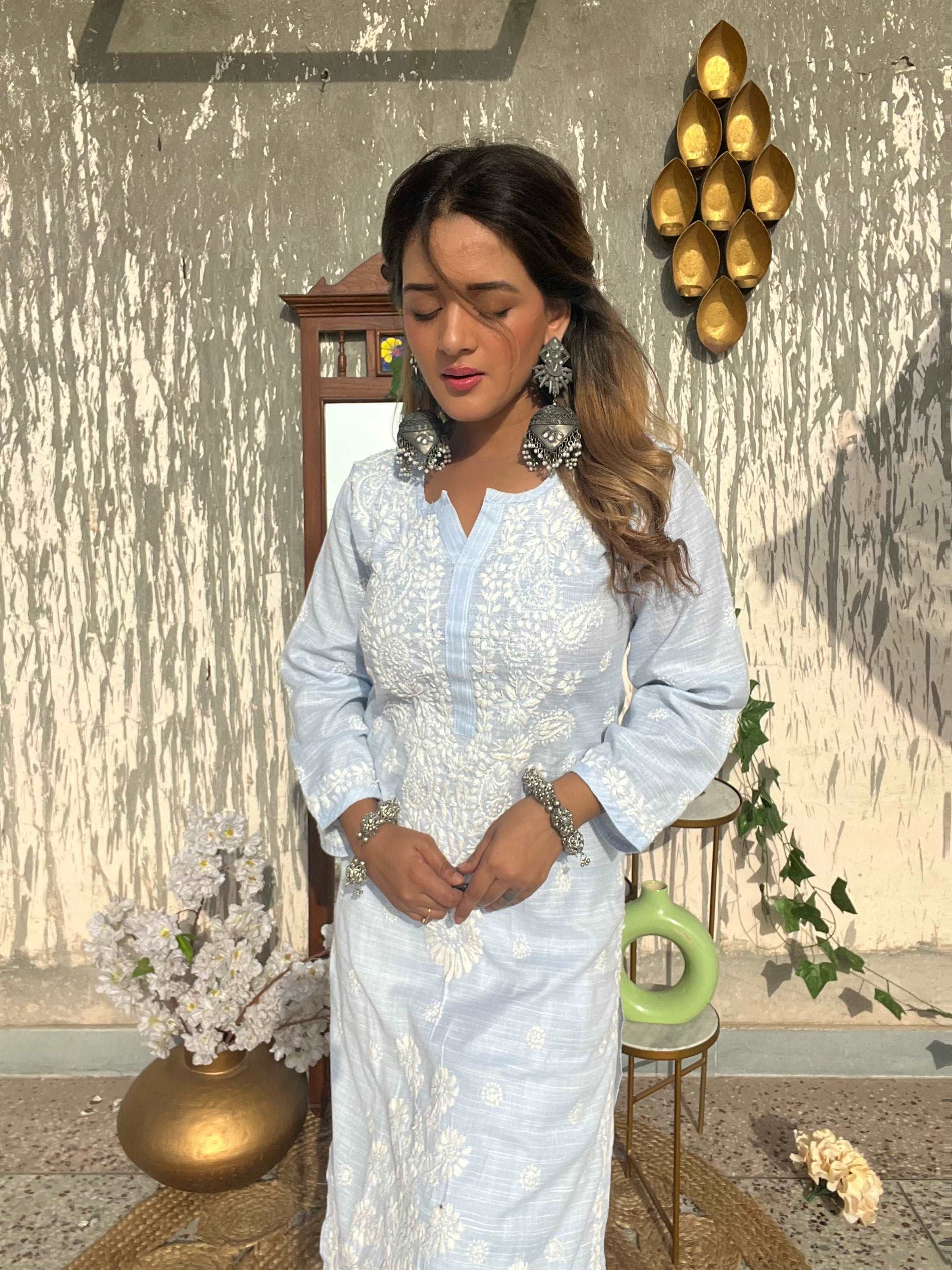 Blue Cotton Chikankari Kurti