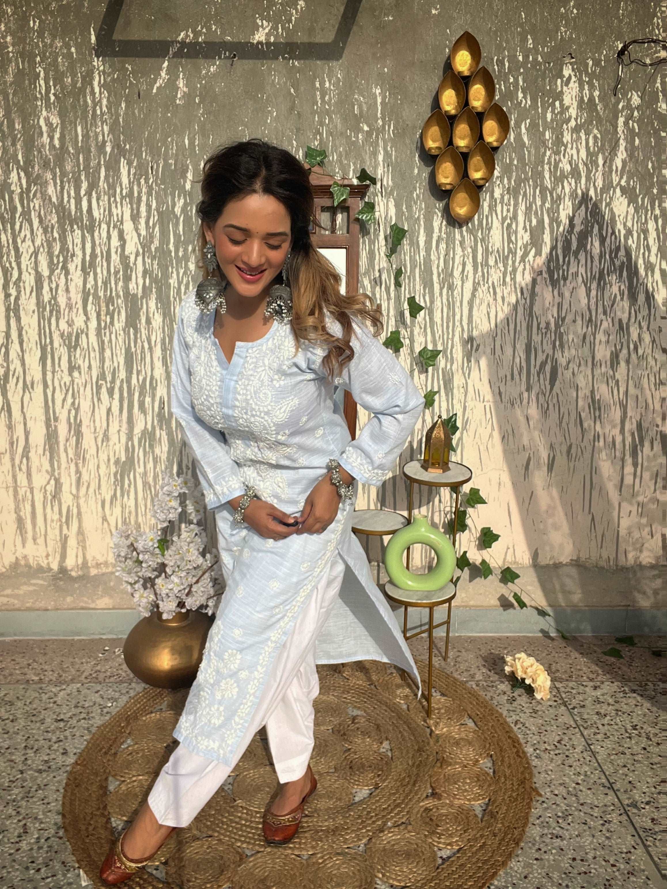 Blue Cotton Chikankari Kurti