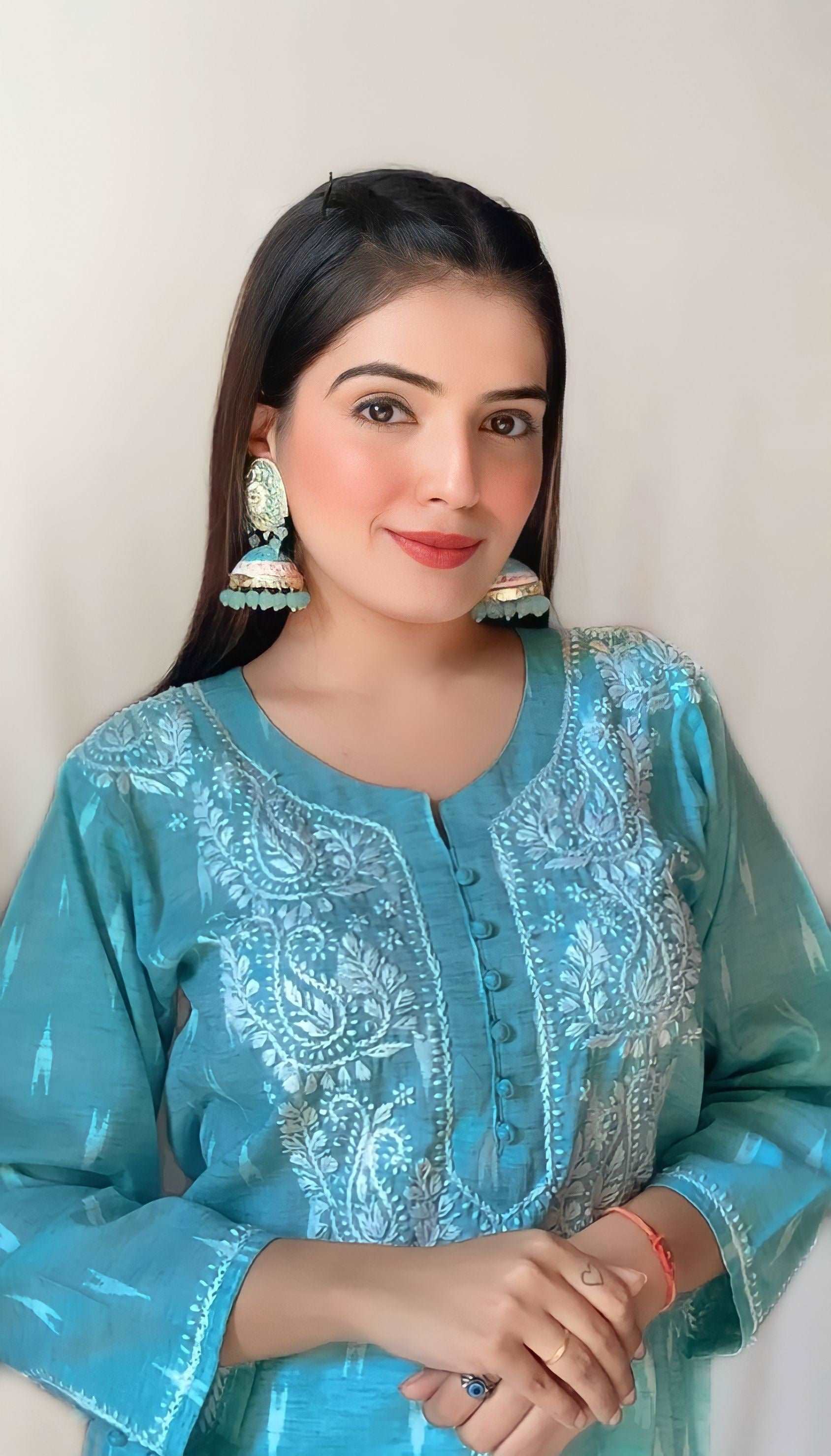 Aqua Blue Cotton Chikankari Kurti