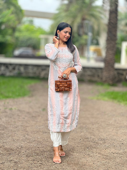 Peach with Grey Chikankari Kurta