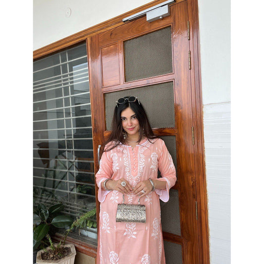 Peach Cotton Chikankari Kurta