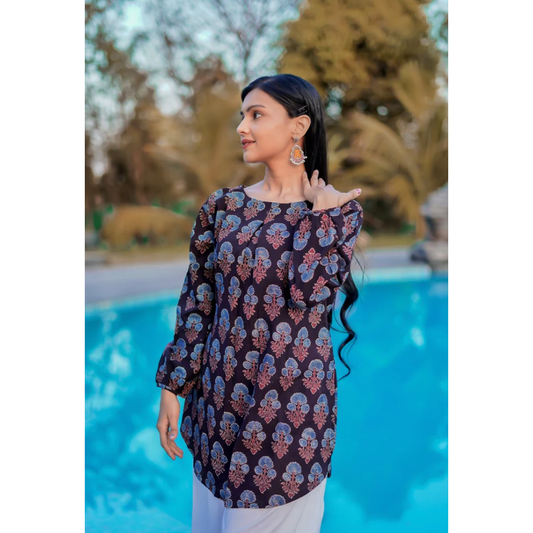 cotton Ajrakh Hand-Block Printed Black Handloom Top