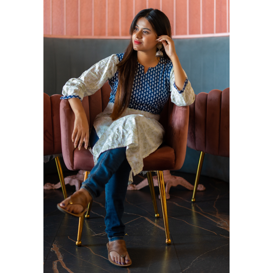 White & Blue Sanganeri Kurti