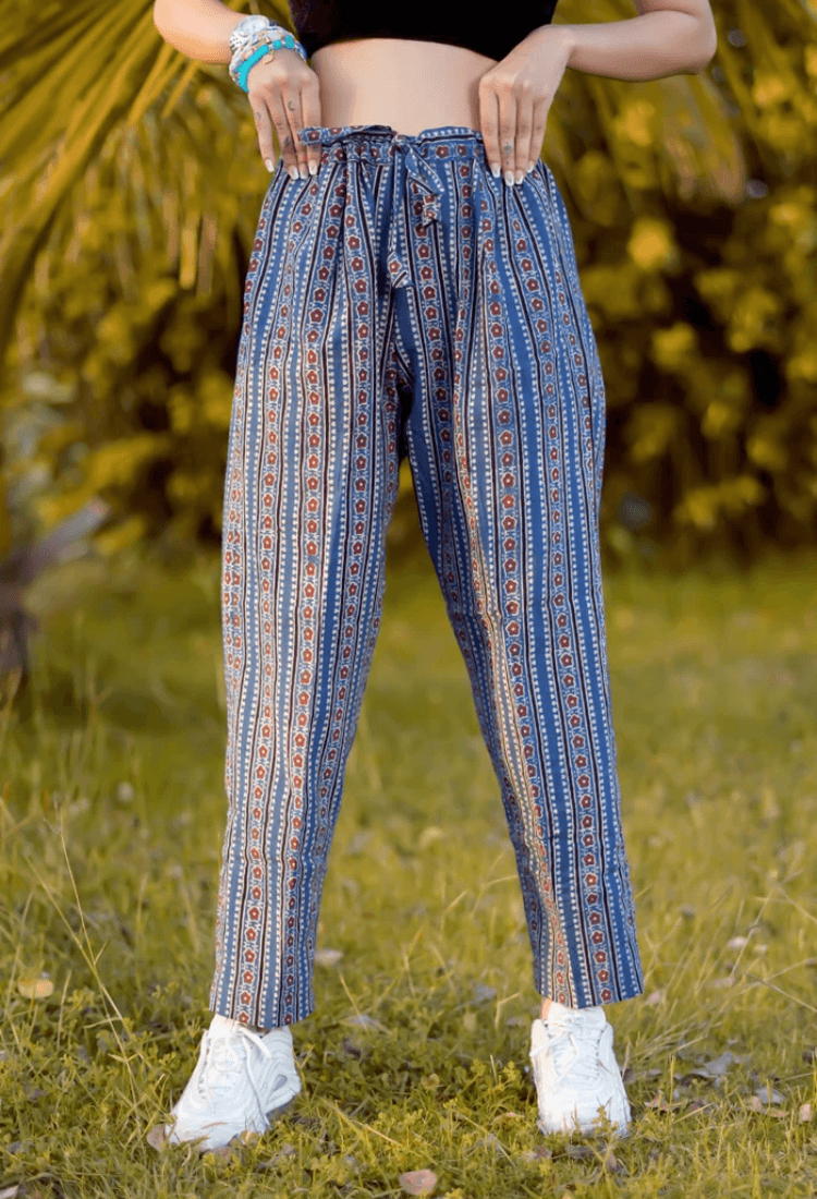 A-line, Blue colored ankle length Natural-dyed Ajrakh Hand-Block Printed Handloom Cotton PantsThe VasilikiAjrakhnikepant