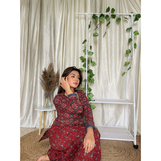 Red Cotton Palazzo with Ajrakh Hand-Block Print
