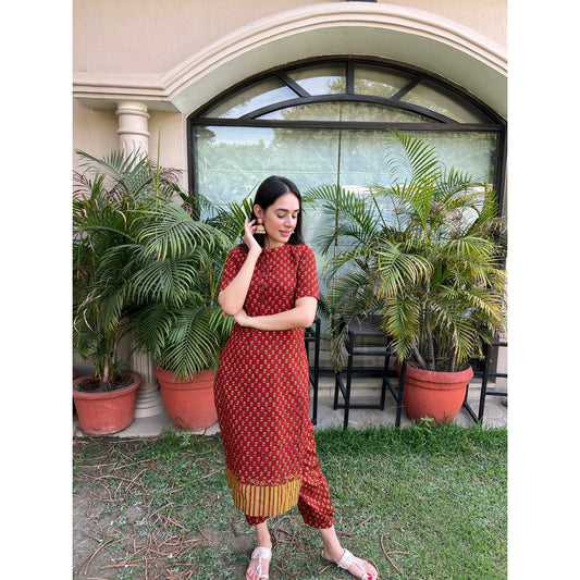 RED COTTON, SALWAR PANT WITH BAGH HAND BLOCK PRINTS