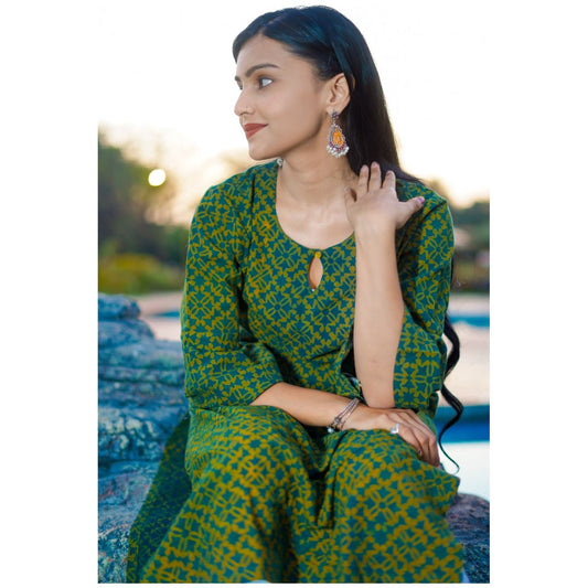 Green Cotton Kurti with Ajrakh Hand Block-Printed