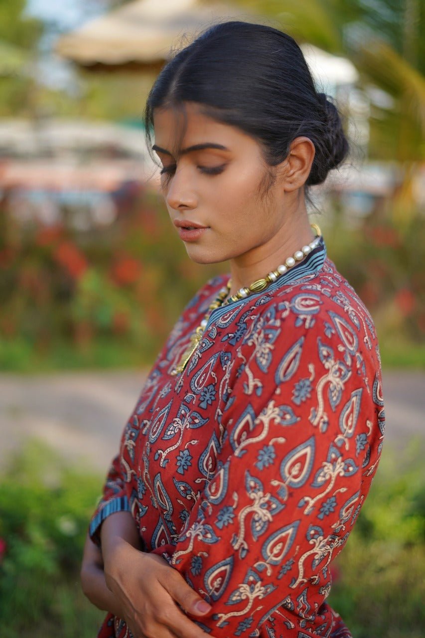 Ajrakh Hand Block Printed V-neck collared Handloom Red-Kurti SetThe VasilikiAjrakhKurta Setnike