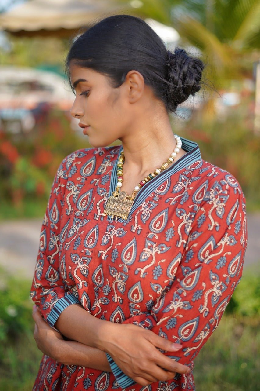 Ajrakh Hand Block Printed V-neck collared Handloom Red-Kurti SetThe VasilikiAjrakhKurta Setnike