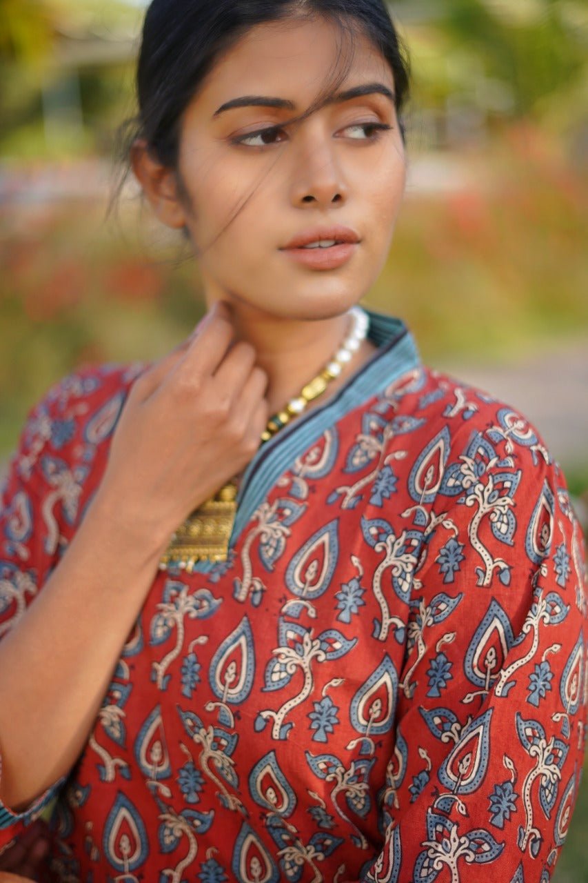 Ajrakh Hand Block Printed V-neck collared Handloom Red-Kurti SetThe VasilikiAjrakhKurta Setnike